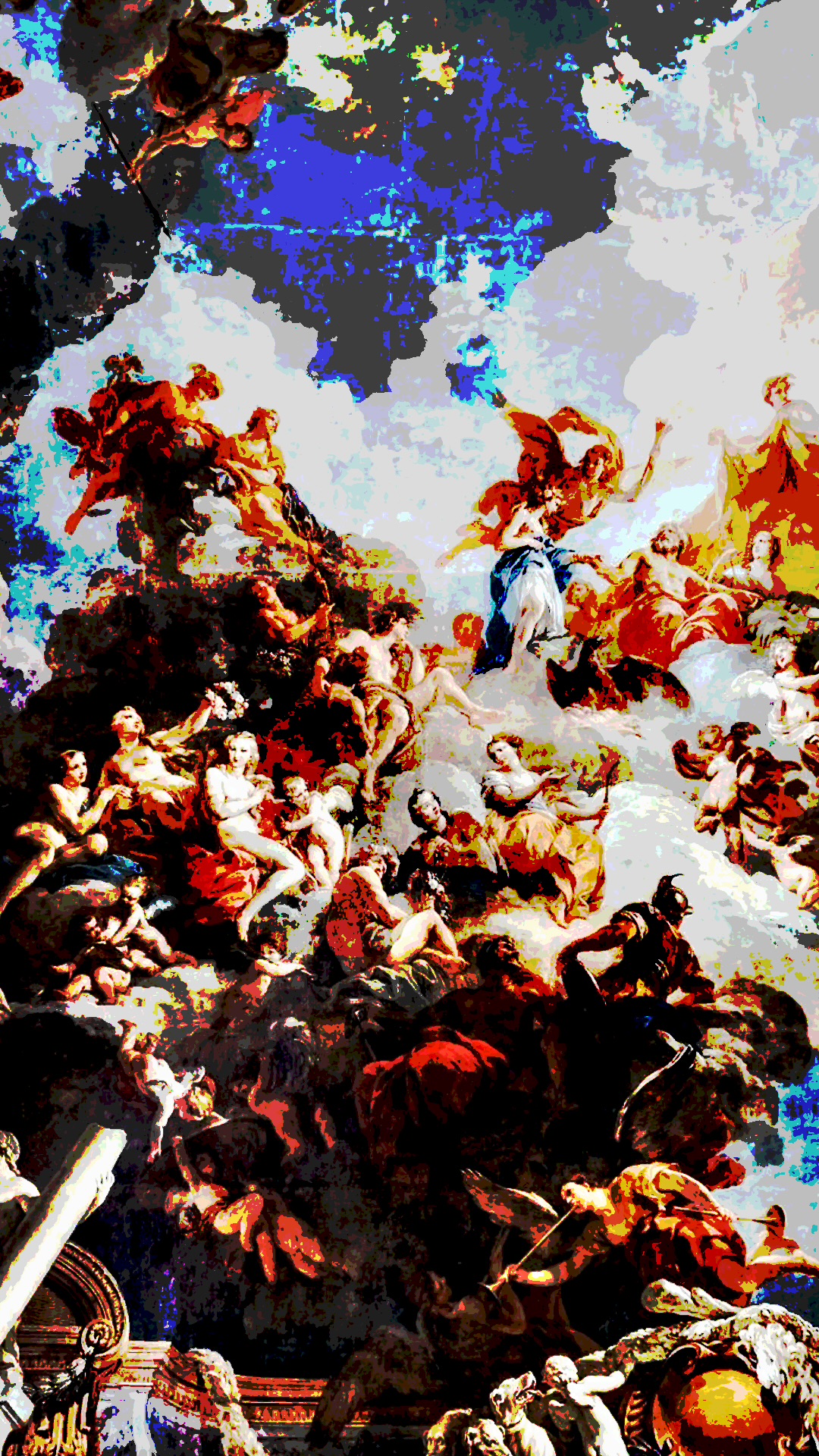 Posterized classical scene in electric blue, red and white