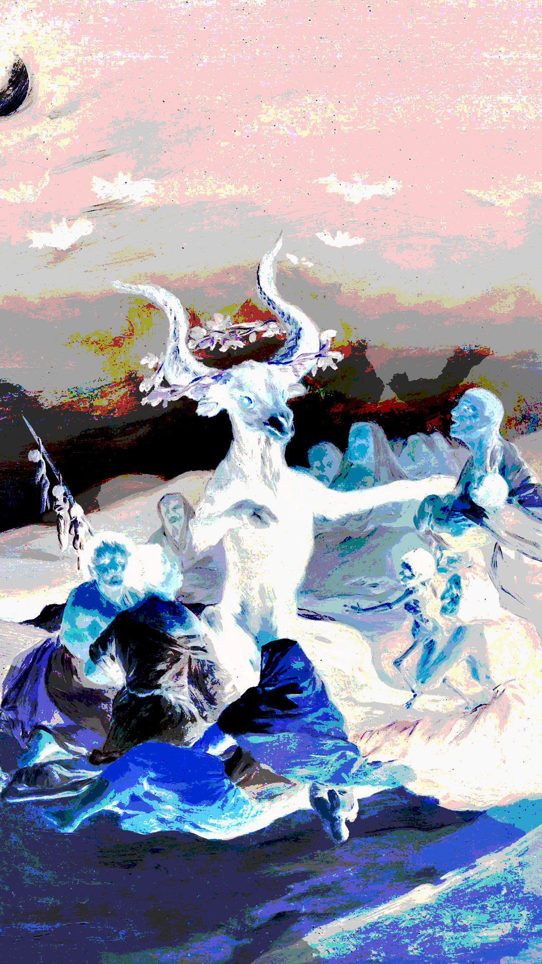Surreal blue and pink classical vision with an antlered white figure